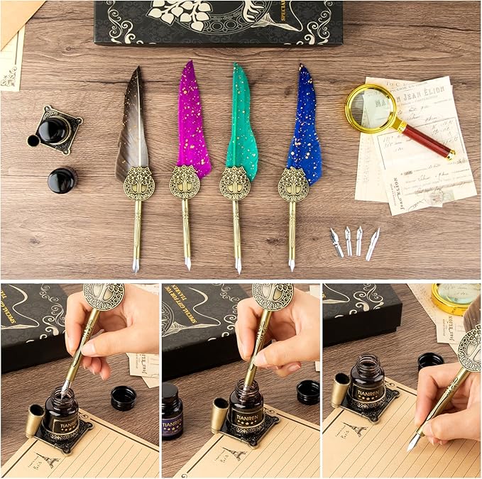 TIANREN Feather Pen and Ink Set,quill pen ink set,Antique Calligraphy Pen with 4 Replaceable Nibs,2 Bottle of ink,Pen Holder Christmas Gift for Men&Women.(Purple)