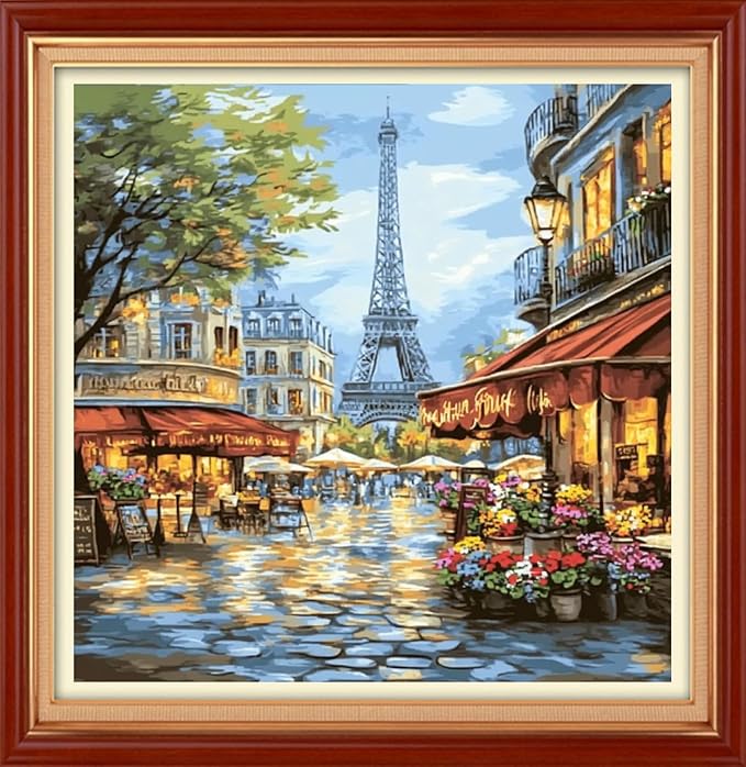 Foxhool Stamped Cross Stitch Kits,11CT Printed Cross Stitch Pattern Full Embroidery Kits for Beginner Needlepoint Kits&Eiffel Tower Street Market 18x18 inch