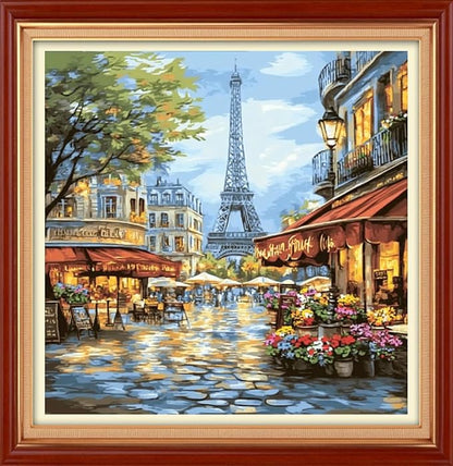 Foxhool Stamped Cross Stitch Kits,11CT Printed Cross Stitch Pattern Full Embroidery Kits for Beginner Needlepoint Kits&Eiffel Tower Street Market 18x18 inch