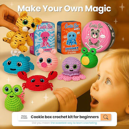 Cookie Box Crochet Kit for Beginners – Gift Set to Make Squid Inky Amigurumi Plushie – Easy DIY Crochet & Knitting Starter Kit with Printed Instructions & Step-by-Step Video Tutorial