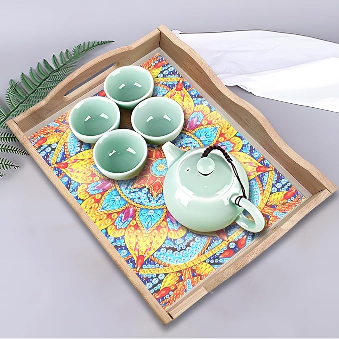 FGbaby DIY 5D Yellow Mandala Diamond Painting Wood Serving Tray with Handles Diamond Art Decor Serving Trays Wooden Tray for Breakfast in Bed, Patio, BBQ, Coffee Table, Party –Great for Lap & Couch