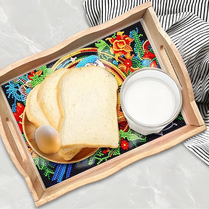 FGbaby DIY 5D Parrot Diamond Painting Wood Serving Tray with Handles Diamond Art Decorative Serving Trays Wooden Tray for Breakfast in Bed, Patio, BBQ, Coffee Table, Party –Great for Lap & Couch