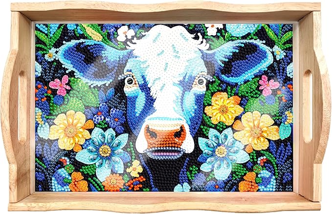 FGbaby DIY 5D Flowers Cow Diamond Painting Wood Serving Tray with Handles Diamond Art Decorative Serving Trays Wooden Tray for Breakfast in Bed, Patio, BBQ, Coffee Table, Party –Great for Lap & Couch
