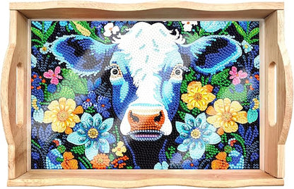 FGbaby DIY 5D Flowers Cow Diamond Painting Wood Serving Tray with Handles Diamond Art Decorative Serving Trays Wooden Tray for Breakfast in Bed, Patio, BBQ, Coffee Table, Party –Great for Lap & Couch