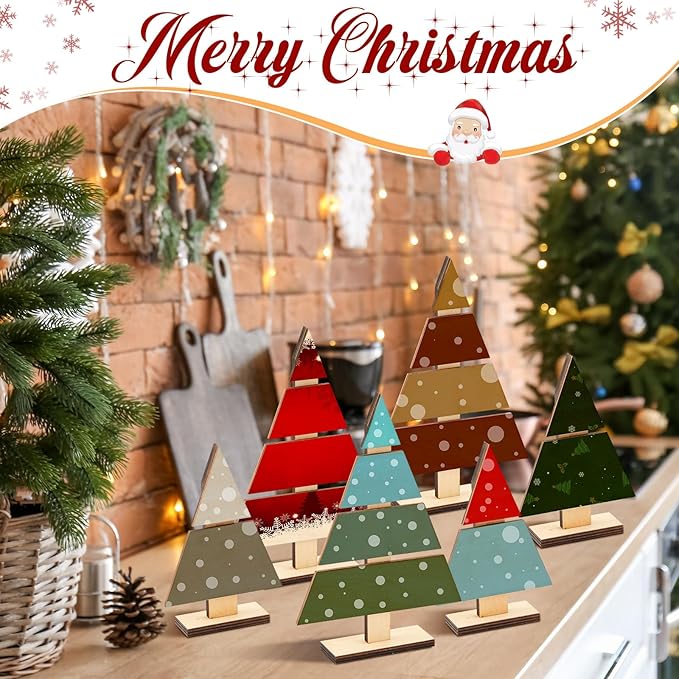 Soaoo 8 Pcs Christmas Standing Wood Pallet 8.66" x 6", 6" x 4" Christmas Tree Unfinished DIY Wooden Ornaments Kit Rustic Wooden Crafts 12 Colors Pigment Palettes and Paint Brushes