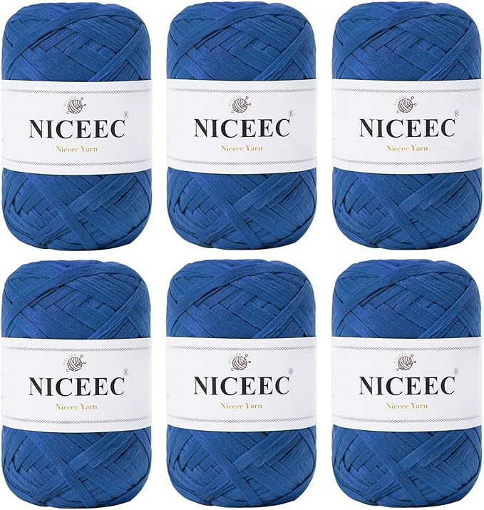 NICEEC 6 Skeins Soft Tape Yarn, Easy Crohcet Raffia, Crochet & Knitting, Paper Ribbon Yarn for DIY Craft Gift Wrapping Total Length 1.76oz×6/109yds×6 - Dark Blue