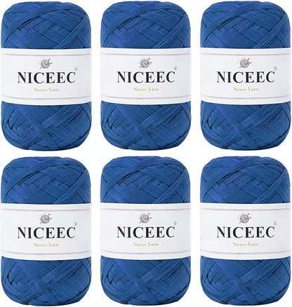 NICEEC 6 Skeins Soft Tape Yarn, Easy Crohcet Raffia, Crochet & Knitting, Paper Ribbon Yarn for DIY Craft Gift Wrapping Total Length 1.76oz×6/109yds×6 - Dark Blue