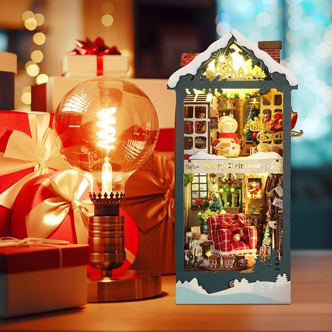 Foyucool DIY Book Nook Kit, Miniature Bookshelf Decor with LED Lights, Laser-Cut Wooden Craft Set for Adults, Creative Gift for Christmas, Birthday, Xmas, Merry Christmas