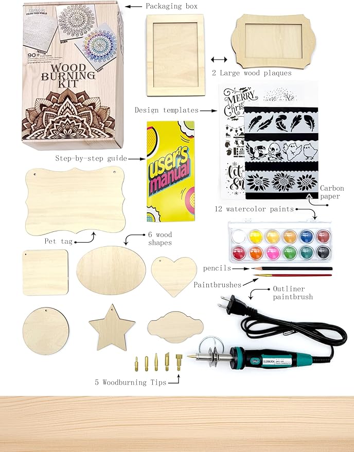 Xenolog Deluxe Wood Burning kit - Ultimate Bundle with Pen, Stand, Tips, Watercolor, Stencils, Graphite Paper, plaques - Beginner-Friendly Gift for Teens, DIY for Anyone into Wood Burning.