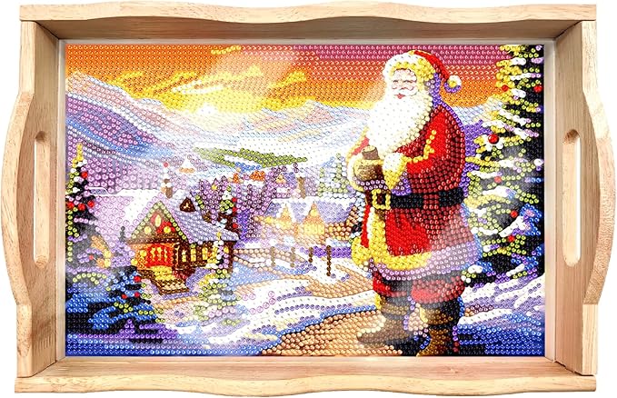 FGbaby DIY 5D Santa Claus Diamond Painting Wood Serving Tray with Handles Diamond Art Decorative Serving Trays Wooden Tray for Breakfast in Bed, Patio, BBQ, Coffee Table, Party –Great for Lap & Couch
