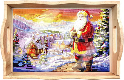 FGbaby DIY 5D Santa Claus Diamond Painting Wood Serving Tray with Handles Diamond Art Decorative Serving Trays Wooden Tray for Breakfast in Bed, Patio, BBQ, Coffee Table, Party –Great for Lap & Couch