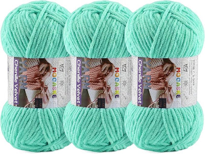 3 * 100g Chunky Yarn for Crocheting and Knitting - Easy to Use Plush Chenille Super Bulky Yarn 393yds - Ultra Soft Velvet Baby Blanket Yarn for Beginners & Amigurumi Projects, Aqua Green