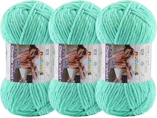 3 * 100g Chunky Yarn for Crocheting and Knitting - Easy to Use Plush Chenille Super Bulky Yarn 393yds - Ultra Soft Velvet Baby Blanket Yarn for Beginners & Amigurumi Projects, Aqua Green