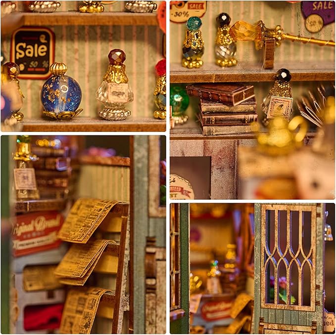 Foyucool DIY Book Nook Kit, Miniature Bookshelf Decor with LED Lights, Laser-Cut Wooden Craft Set for Adults, Creative Gift for Christmas, Birthday, Magic Shop