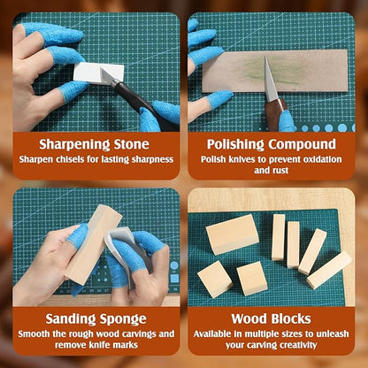 Housolution Wood Carving Kit with Leather Case, 24PCS Wood Carving Tools Whittling Kit Includes Carving Knives Carving Chisels Basswood Blocks Spoon Gloves, Woodworking Tools for Beginners DIY Hobbies