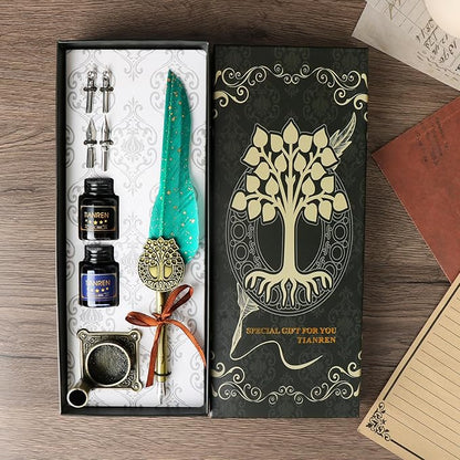 TIANREN Feather Pen and Ink Set,quill pen ink set,Antique Calligraphy Pen with 4 Replaceable Nibs,2 Bottle of ink,Pen Holder Christmas Gift for Men&Women.(Green)