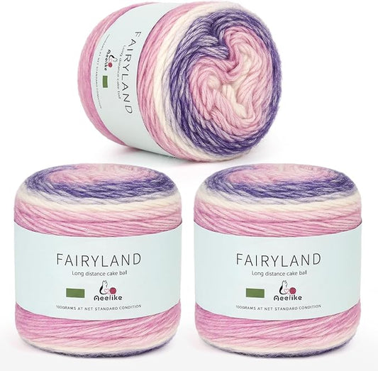 Aeelike Gradient Yarn for Crocheting, 3 Skeins Cake Yarns 100g (3.52 oz) 245m (267 Yards) # 3 Light Weight - Super Soft Ombré Fairyland Yarns for Making Colorful Crafts, Purple Gradient