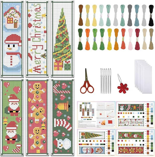 FREEBLOSS 6 Set Cross Stitch Bookmark Counted Cross Stitch Kit with 6 Different Christmas Patterns Embroidery Kit with Instruction DIY Bookmark Kit for Gift Adults 8''x2.4''