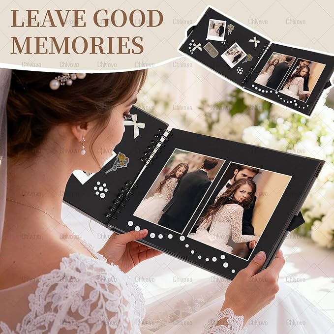 Letters to The Bride Scrapbook Photo Album, 8 x 12 Inch Wedding Memory Book, Black DIY Guest Book with Pearl Stickers, Metallic Letters, Bows，Blank Scrapbook(Black)