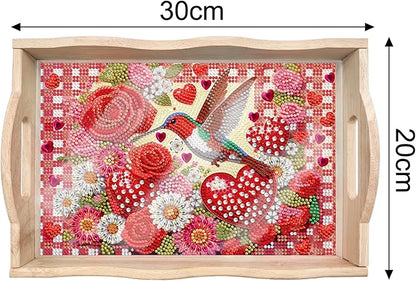 DIY Diamond Art Wooden Tray Kit, Food Tray with Handle Diamond Painted Table Decoration, for Breakfast, Bar, Dinner Table Diamond Dots Gem Painting Art Set for Beginners (#04-Love Hummingbird)