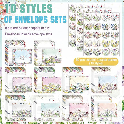 TaoBary 160 Pcs Stationery Paper Set 50 Double Sided Stationery Papers with 50 Matching Envelopes and 60 Round Dot Sticker, 10 Design(Wildflower,5.5 x 8.25 Inch)