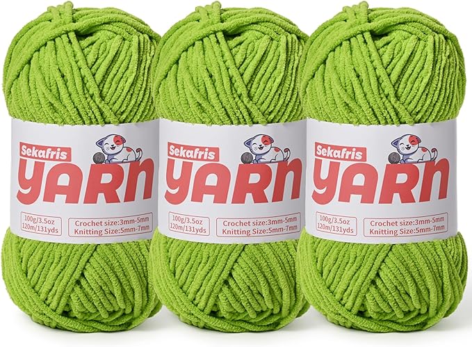 3 Pack Plush Chunky Chenille Yarn for Crocheting, Soft Fluffy Velvet Yarn for Crocheting, Fuzzy Baby Blanket Knitting Yarn, 300g/393yds Bulky Amigurumi Yarns（3 Lime Green）