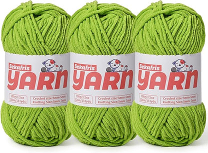 3 Pack Plush Chunky Chenille Yarn for Crocheting, Soft Fluffy Velvet Yarn for Crocheting, Fuzzy Baby Blanket Knitting Yarn, 300g/393yds Bulky Amigurumi Yarns（3 Lime Green）