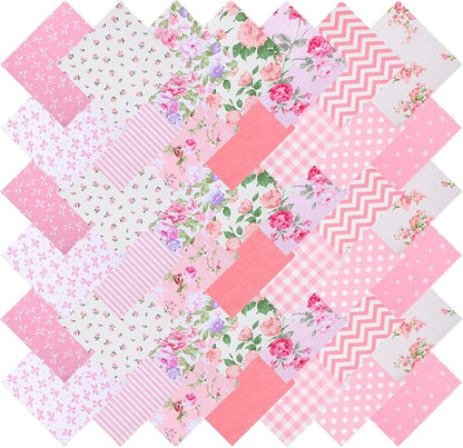 42 Pcs Pink Charm Packs for Quilting, 5x5 Inch Precut Cotton Quilting Fabric Squares, Floral Cotton Fabric for Sewing Patchwork DIY Crafts