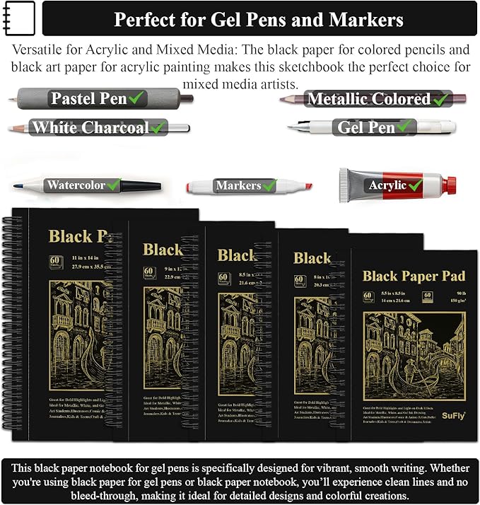 SuFly Black Paper Drawing Pad, 60 Sheets Large Sketch Book 11x14, Spiral Bound - Hardcover,90lb/150gsm Black Paper Notebook for Gel Pens.