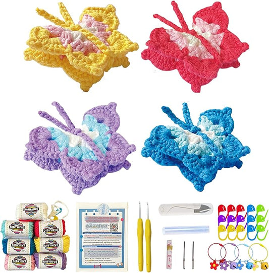 DIBYHIVE Crochet Kit for Beginners,Complete Video Tutorials,3D Butterfly Crochet Kit,Includes Explanations of Basic Crochet Stitches