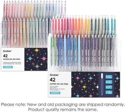 Grabie 42 Capped Glitter Gel Pen Set, 18 Iridescent&24 Essential Color Pens, Smooth Rollerball Tip, Metallic Sparkly Gel Pens for Coloring, Set of 42 Gel Pens Colored
