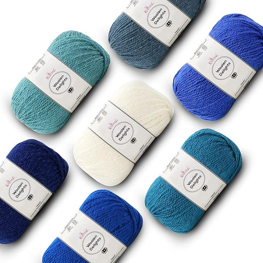 Woolen Delights Soft Wool Yarn for Crocheting, 7-Pack (1218Yds / 700G), Free Patterns - #4 Medium Aran/Heavy Worsted Weight Wool Yarn for Knitting - Blue Pack