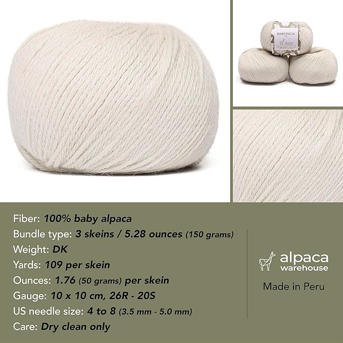 100% Baby Alpaca Yarn Wool Set of 3 Skeins (150 Grams) DK Weight - Made in Peru - Heavenly Soft and Perfect for Knitting and Crocheting (Alabaster White, DK)
