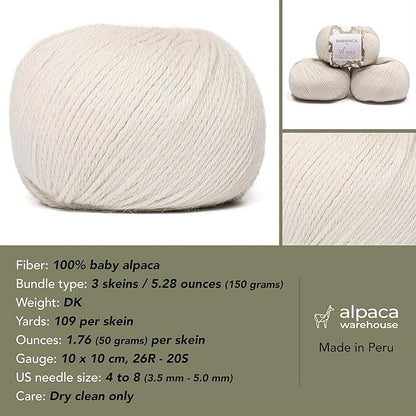100% Baby Alpaca Yarn Wool Set of 3 Skeins (150 Grams) DK Weight - Made in Peru - Heavenly Soft and Perfect for Knitting and Crocheting (Alabaster White, DK)