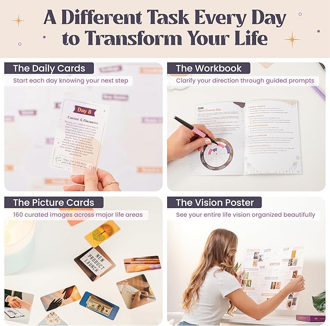 ZEDORA Vision Board Kit - Guided Workbook, 160 Picture Cards, Affirmation Cards & More. Design Your Destiny with Our 24-Day Journey | Great Gift for Women | Vision Board Supplies Included