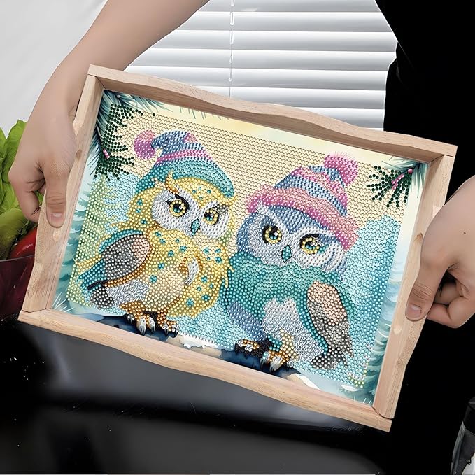 FGbaby DIY 5D Cute Owl Diamond Painting Wood Serving Tray with Handles Diamond Art Decoration Serving Trays Wooden Tray for Breakfast in Bed, Patio, BBQ, Coffee Table, Party –Great for Lap & Couch