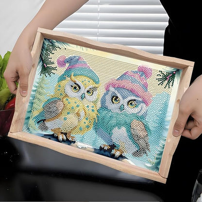 FGbaby DIY 5D Cute Owl Diamond Painting Wood Serving Tray with Handles Diamond Art Decoration Serving Trays Wooden Tray for Breakfast in Bed, Patio, BBQ, Coffee Table, Party –Great for Lap & Couch