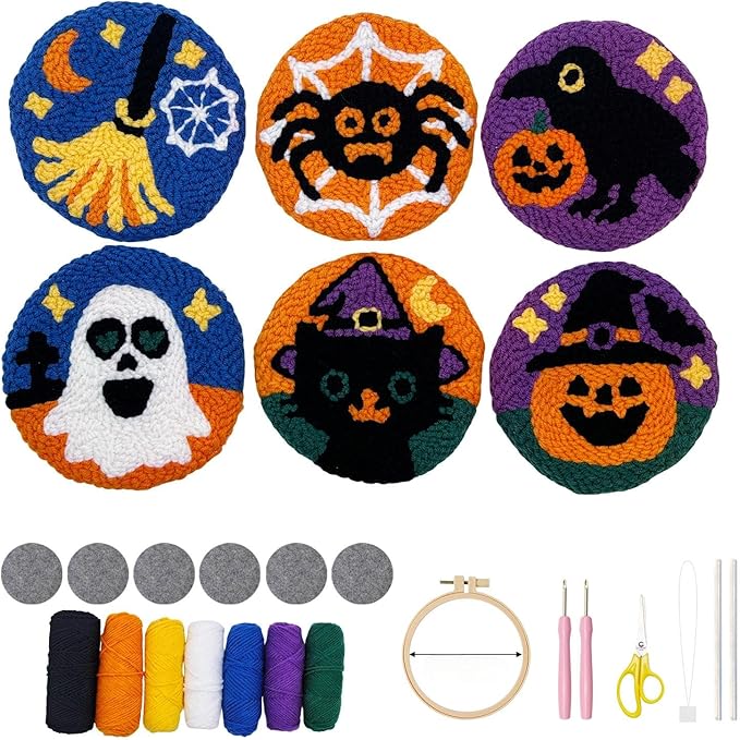 Halloween Punch Needl Kit for Adults Beginners, Easy Embroidery Punch Coaster Starter Set with Instruction – Fun Needle Point Craft for Table Decor & Festival DIY Gifts (6pcs Spooky)