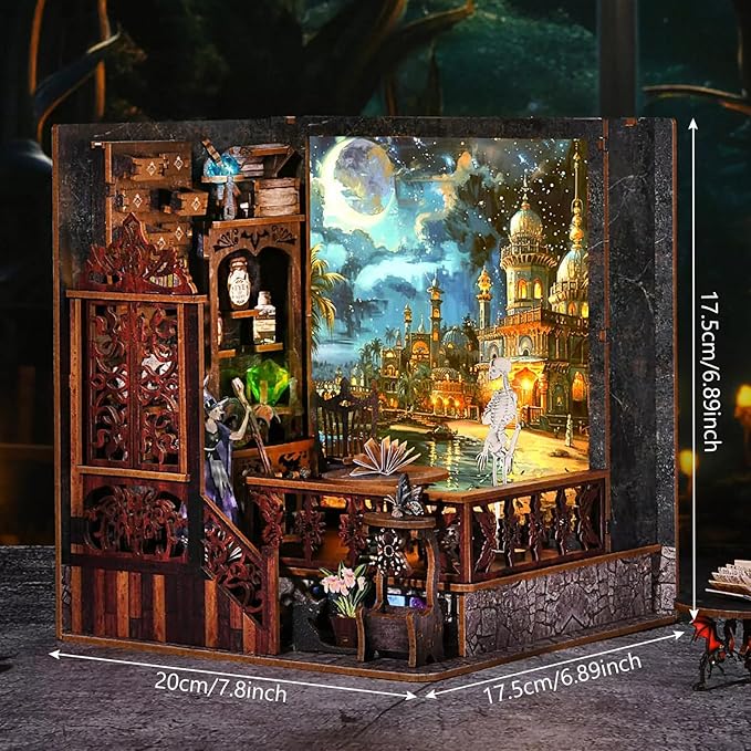 Foyucool DIY Book Nook Kit, Miniature Bookshelf Decor with LED Lights, Laser-Cut Wooden Craft Set for Adults, Creative Gift for Christmas, Birthday, Magic Exploration