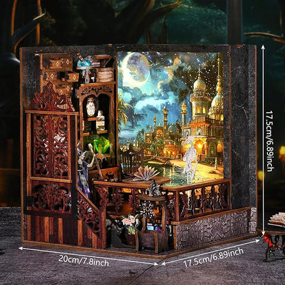 Foyucool DIY Book Nook Kit, Miniature Bookshelf Decor with LED Lights, Laser-Cut Wooden Craft Set for Adults, Creative Gift for Christmas, Birthday, Magic Exploration