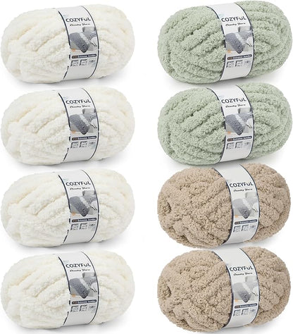 Chunky Yarn for Hand Knitting - #10 Chunky Chenille Yarn, Jumbo Big Thick Chunky Yarns for Crocheting, Super Bulky Chunky Knit Blanket Yarns, 8 Skein (25yd, 8oz/Skein), Cream & Sage & Khaki