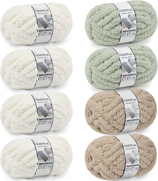 Chunky Yarn for Hand Knitting - #10 Chunky Chenille Yarn, Jumbo Big Thick Chunky Yarns for Crocheting, Super Bulky Chunky Knit Blanket Yarns, 8 Skein (25yd, 8oz/Skein), Cream & Sage & Khaki