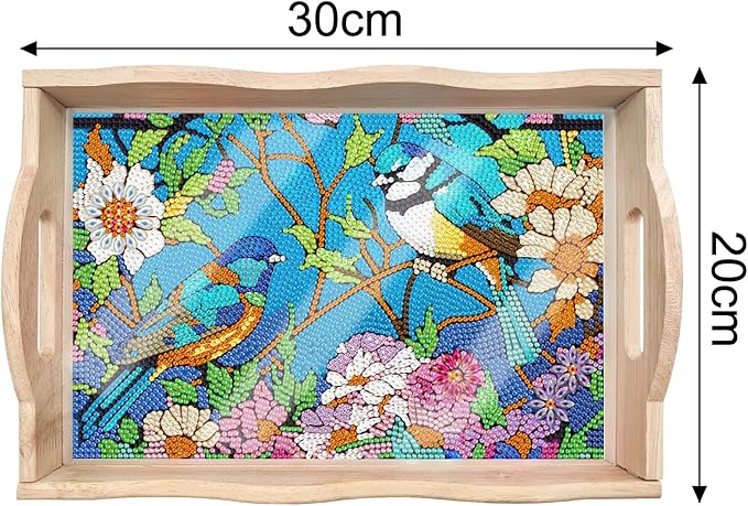 DIY Diamond Art Wooden Tray Kit With Handle, Food Tray for Breakfast, Bar Dinner Table Decoration, Diamond Dots Gem Painting Art Set for Beginners (#02-Birds)