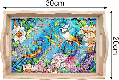 DIY Diamond Art Wooden Tray Kit With Handle, Food Tray for Breakfast, Bar Dinner Table Decoration, Diamond Dots Gem Painting Art Set for Beginners (#02-Birds)