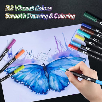 Peablce Art Markers Brush Pen, Markers for Adult Coloring Books No Bleeding,32 Colored Pens Fine Point Highlighter Pen & Brush for Adult Coloring Journaling Note Taking Planner