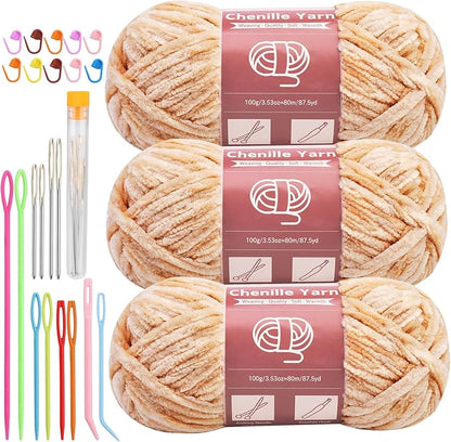 LUNARM Chenille Yarn for Crocheting Knitting, 3 Skein 263 Yard Thick Soft Chunky Fluffy Weaving Plush Yarn for Blankets Clothes Pattern Creations with Big Eye Needles (Light Brown)
