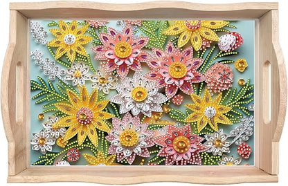 DIY Diamond Art Wooden Tray Kit, Food Tray with Handle Diamond Painted Table Decoration Tray, for Breakfast, Bar Dinner Table Diamond Dots Gem Painting Art Set for Beginners-#38-Flower