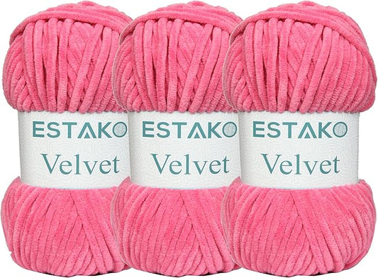 Estako Velvet (3- Skeins Pack) Chenille Blanket amigurumi Yarn for Crocheting and Knitting Super Bulky 3x100 gr (3x132 yds) (1330 - Hot Pink)