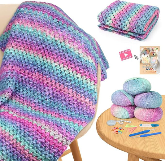 Aeelike Blanket Crochet Kit for Beginners, Super Easy Crochet Blanket Kit with Soft & Colorful Gradient Yarns Detailed Video Tutorials Crocheting Accessories, Aurora Purple Gradient & Ideal Gift