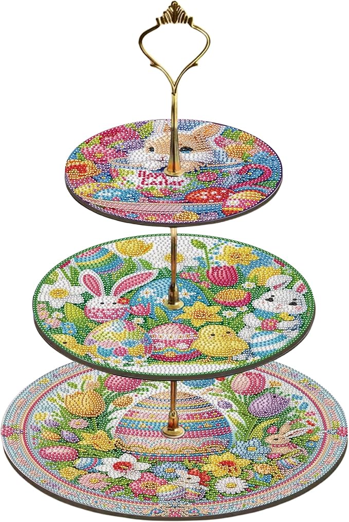 Three-Tier Diamond Painting Wooden Cake Stand DIY Sunflower Diamond Painting Cupcake Towel-Lined Tiered Tray Reusable Pastry Stand (Easter)